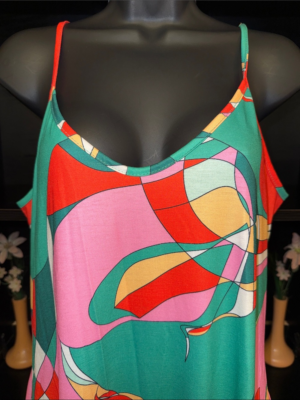 Sleeveless Green Abstract Print Maxi Dress with Spaghetti Straps with Pockets